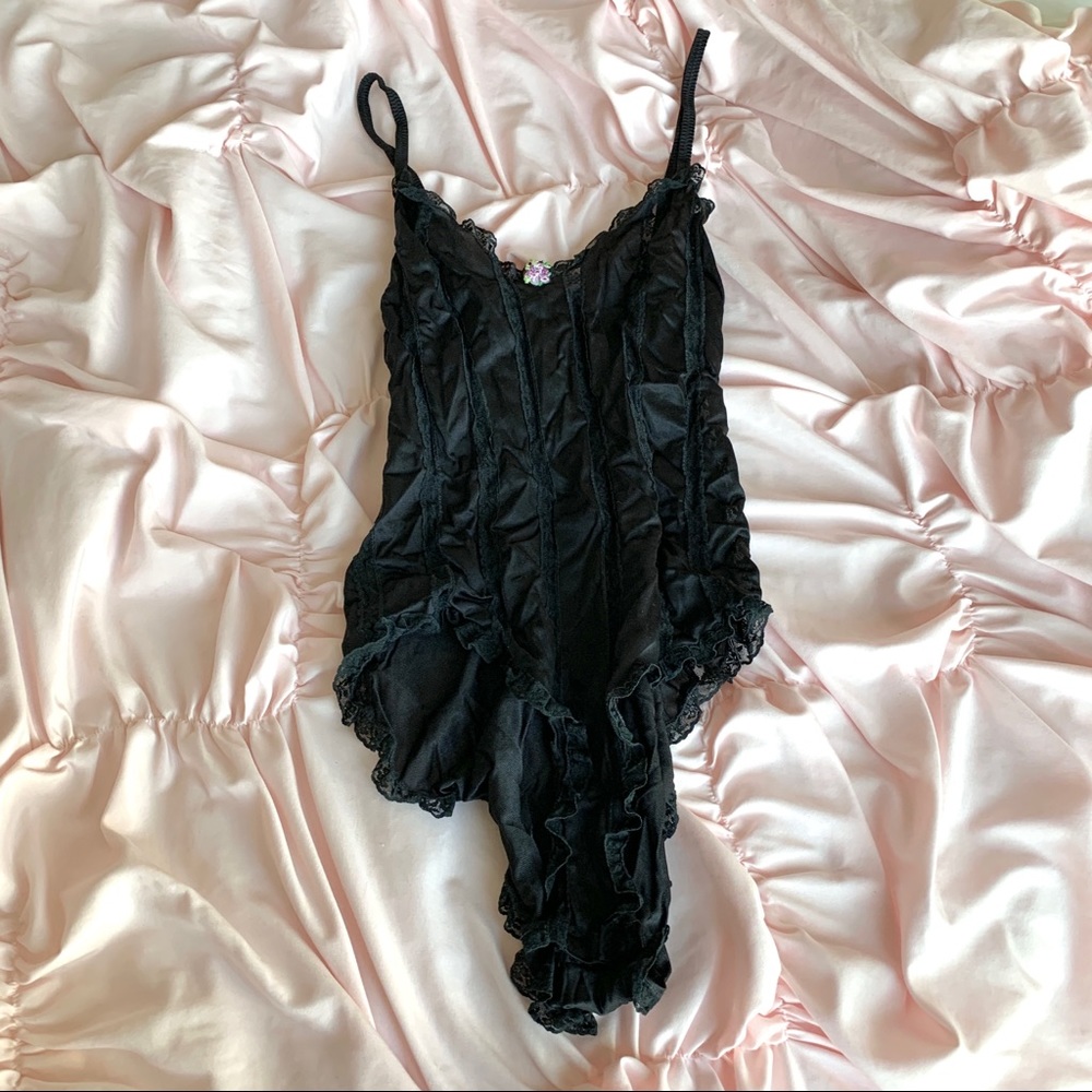 Vintage Nan Flower Black Sheer Ruffle Lingerie Bodysuit